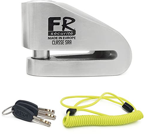 FR SECURITE FR114S Bloccadisco Moto Omologato SRA, Doppia Serratura ø14mm, Serratura in Acciaio Inossidabile Alta Sicurezza, Cavo Promemoria, Lucchetto Antifurto Moto Pinza Scooter, Bicicletta