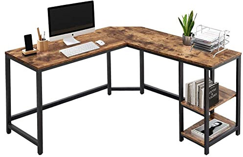 BAKAJI Scrivania Angolare a L, con Libreria 2 Ripiani, Tavolo da Lavoro Porta Pc Computer, Struttura in Metallo Nero e Piano in Legno Effetto Anticato Arredamento Ufficio Design Stile Industriale
