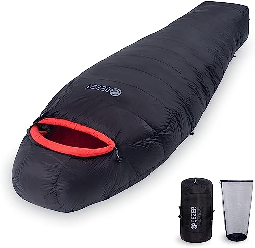 QEZER Daunenschlafsack -20 Grad Winter Schlafsack Outdoor für kaltes Wetter Camping und Bergsteigen mit 660 FP Premium Daunen (Schwarz(1500g down-UK), L)
