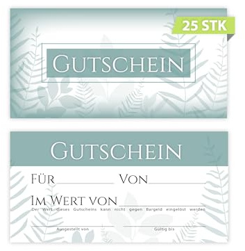 25 Geschenkgutscheine DIN lang plus (21 x 10,5 cm) Design Motiv Grün Eukalyptus Blättern. Blanko Gutscheine zum Ausfüllen Gutschein Geschenk Karte für Massage Wellness Kosmetik Nagelstudio Spa Beauty