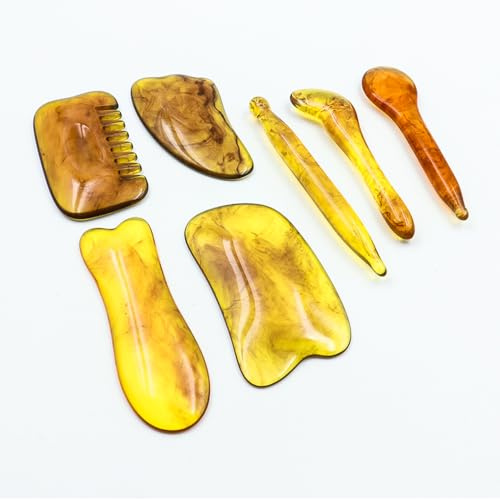POFET 7PCS Massage Werkzeuge Harz Gua Sha Board Gua Sha Massage Set für Spa Hautpflege Gesicht Yoga