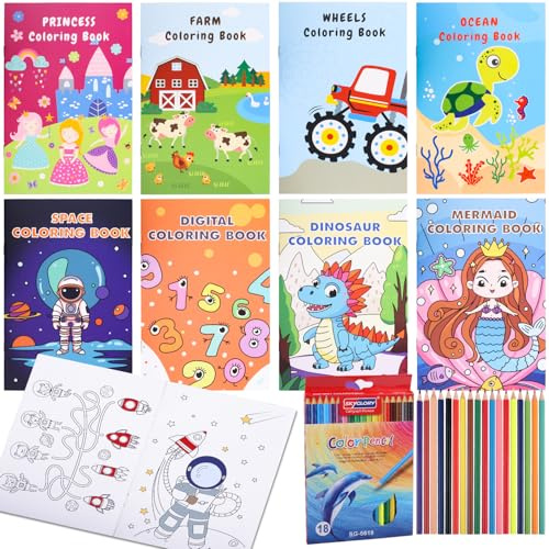 Fizdoqg 8Pcs Cahier Coloriage Enfant, 12 x 18 cm Livres de Coloriage Enfant et 18 Crayons de Couleur, Livre de Coloriage pour Enfant Kit pour Les Cadeaux de Sac de Fête D'anniversaire
