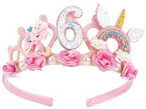 SuPoo 6th Birthday Headband Flower Crown for Girls Princess Tiara Decorations Hair Band Cute 6 Year Old Party Accessory