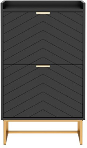 UEV Schuhschrank mit 2 Klappen Schmal, Schuhkipper für Flur Wohnzimmer, Schuhkommode mit Kippschutz, Verstellbare Trennwände für Verschiedene Schuhtypen, 50x24x103,5cm, Flurschrank Schmall, Schwarz