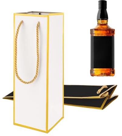 2 sacchetti regalo per vino, con manico, 10 x 10 x 28 cm, riutilizzabili, con stampa in pellicola dorata, per feste, matrimoni, celebrazioni, piccole bustine di vino con manico, colore nero, bianco