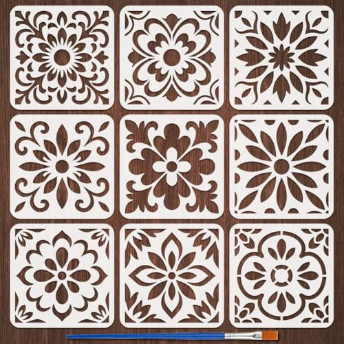 FINGERINSPIRE 9 plantillas de azulejos para pintura con pincel, 20 x 20 cm patrón floral plantilla para azulejos florales huecos borde de plástico plantilla temática diaria para la decoración