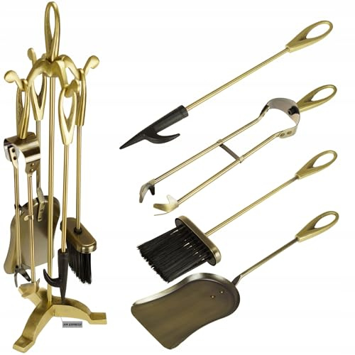 FEINZ Kaminbesteck 5-teilig Gold-Schwarz | antiker Stil, Ständer, Ofenbesteck, Metall, Kaminzubehör, Kaminset, dekorativ