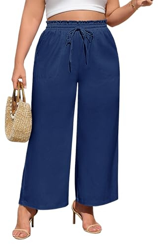 Fashora Pantaloni Lino Donna Estivi Pantaloni Taglie Forti Larghi Casual Palazzo Elastico in Vita Pantaloni Comodi Ampi Pantaloni con Tasche e Cordoncino (Blu Navy, 4XL)