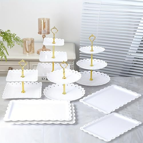 Cake Stand Set with 4 Trays,4Pcs Tiered Cupcake Stands (2 & 3 Tier),White | Reusable Food Serving Platter,for Afternoon Tea,Birthday,Wedding,Party,Plastic Dessert Display Stand & Buffet Serving Tray