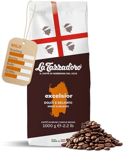La Tazza D'oro Italian Coffee Beans 1kg (Medium Roast) - Excelsior from the Heart of Sardinia, Finest Whole Coffee Beans for Cafetiere, Moka Pot, Aeropress And Filter Brew - Part of the Kimbo Family