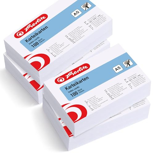 herlitz Karteikarten A5 21 x 14,9 cm, blanko, weiß, 4 x 100 Stück | für Schule, Studium & Büro