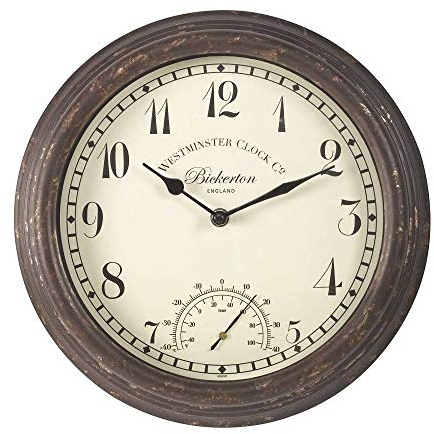 Bickerton Wall Clock and Thermometer, Classic Outdoor/Indoor Design with Large 12 Inch Face. Suitable for Garden, Kitchen, Bathroom and More