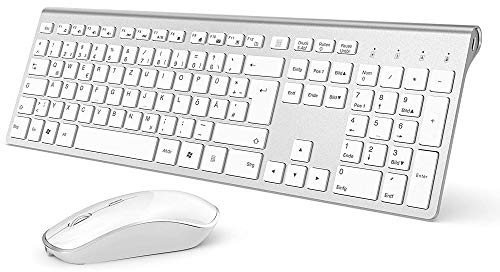 J JOYACCESS Tastatur Maus Set Kabellos, Funktastatur mit Maus, 500mAh Wiederaufladbar Akku, 2.4G Ultraslim Funktastatur mit Ziffernblock(Deutsch QWERTZ Layout) für PC/Laptop/Smart TV - Silber und Weiß