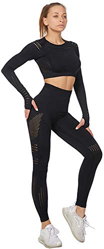 Jamron Femmes Ensemble de Vêtements de Yoga de Sport Crop Top+Leggings 2PCS Survêtement Gym Fitness Noir SN05405 S