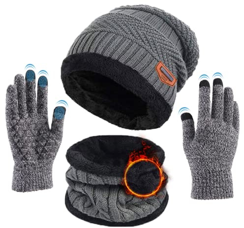 Calentar Sombreros Gorro de Punto Beanie y Calentador de Cuello Bufanda con Forro Polar Suave + Guantes de Pantalla Táctil, Kit de Accesorios de Cálido Invierno 3 en 1 para Hombres y Mujeres