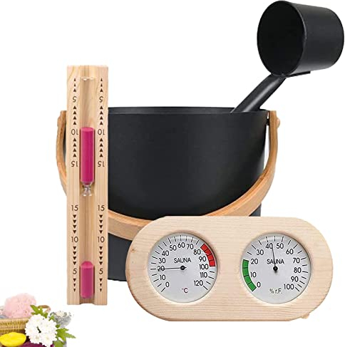 4Stck 7L Sauna Eimer, Sauna Komplett Set Sauna Eimer mit Kelle aus Hochwertigem Finnischen Kiefern Holz Sauna Zubehör Saunakübel Aufgusseimer (Sauna Eimer + Kelle + Thermometer Hygrometer + Sanduhr)