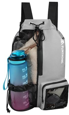 flintronic Nätryggsäck med dragsko och våt ficka, gymväska med simsnöre, för simning, gym och träningsutrustning, Grå