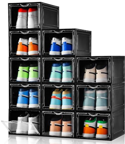 Clemate Upgraded X-Large Shoe Storage Box,12 Pack,Shoe Box Clear Plastic Stackable,Drop Front Shoe Box with Clear Door,Shoe Organizer Containers For Sneaker Display,Fit up to US Size13, Black
