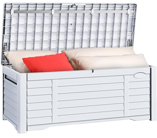 YITAHOME 150 Gallon Large Outdoor Storage Deck Box, Waterproof Cushion Storage Bench with Lockable Lid for Patio, Pool Supplies, Garden Tools, Resin, White