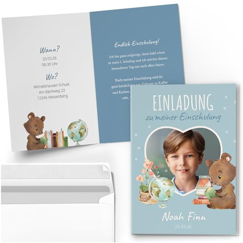 10 Einladungskarten Einschulung mit Foto und Text personalisiert mit Umschlägen Motiv Herz niedlich blau Einladung Schuleinführung Schulkind Jungen