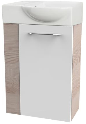 FACKELMANN B.CLEVER Gäste-WC Set 2 Teile – Waschtischunterschrank in Weiß mit Holz Braun mit Waschbecken aus Keramik – SBC Waschbeckenunterschrank schmal – Tür rechts – Hahnloch Links – 45 cm breit