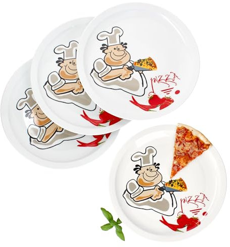 MamboCat Alberto - Set di 4 piatti per pizza, Ø 30,5 cm, per 4 persone, grandi piatti per pizza con fumetti in porcellana, piatto da portata XL