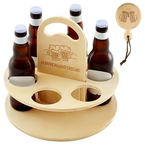 Queekay Männerhandtasche Geschenkset Holz Bierträger Bierhandtasche Bierkiste Flaschenträger für 6 Flaschen mit Holz Flaschenöffner Bieröffner Bier Geschenke für Männer Papa Weihnachten Vatertag