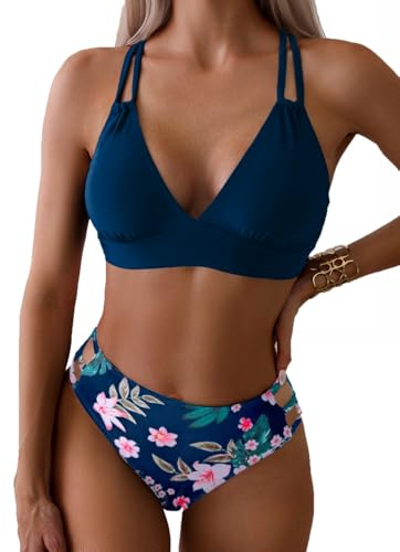 Tainehs Women's Push Up V Neck Bikini Sets Criss Cross Back Two Piece Bathing Suit