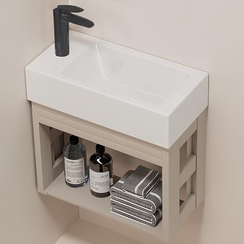 Lavabo En Céramique Mural,Meuble Lave Main Angle,Lave Main D Angle Wc Avec Meubl,Lave Main Wc Avec Meuble,Lavabo Petit,Rectangulaire,Lavabo Suspendu À Fixer Au Mur(Apricot,17.7in/45cm-R)