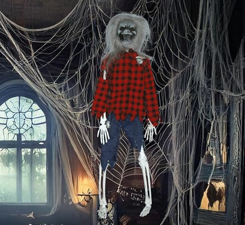 FIESTAS GUIRCA | Werwolf Hängedekoration (40 cm) - Gruselige Halloween Dekoration zum Aufhängen für Partys oder im Spukhaus - Horror Werwolf Skelett Hängefigur Rot Blau