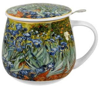 DUO ART GALLERY Fassbecher 430 ml mit Teesieb IRISES inspired by Van Gogh, New Bone China Porzellan