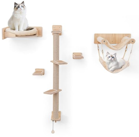 GOPLUS Kletterwand Katzen, 5 PCS Katzen Wandpark mit 2 Hängematten, Bett, Treppenstufen, Juteseil-Kratzstangen, Plüschkissen & Holzkletterbereich, Kletterbaum Holz für kleine und große Katze, Natur