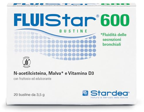 Stardea Fluistar 600 Bustine | N-Acetilcisteina 600 mg, Malva e Vitamina D3 | Fluidità Secrezioni Bronchiali e Benessere Orofaringeo | Senza Glutine | 20 Bustine da 3,5 g