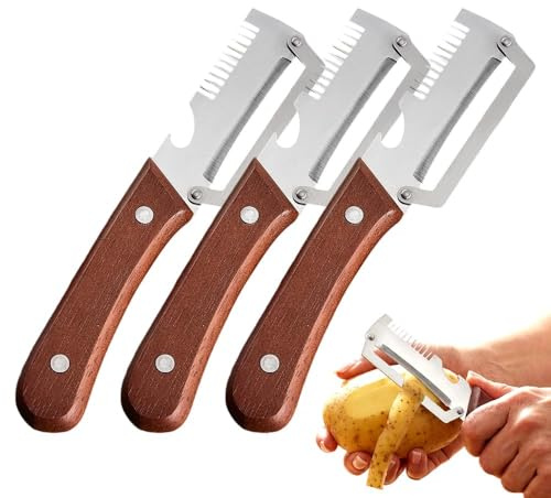 Verduras Multifuncional,Peladores de Mango de Madera 3 En 1 con Abrebotellas,Pelador de Acero Inoxidable,para Todas Las Frutas y Verduras Que Necesitan Pelar (3PCS)