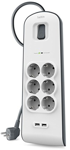 Belkin Ciabatta multipresa con USB e 6 prese, protezione dalle sovratensioni con 6 prese CA protette e 2 porte di ricarica USB-A da 2,4 A, cavo di prolunga da 2 m, presa multipla per casa e ufficio