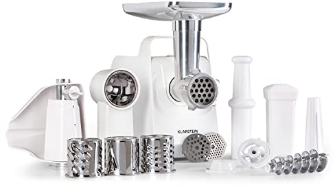 Klarstein Mighty Mince - hachoir à viande électrique - puissance 500 à 1361 W, hachoir électrique avec accessoires pour saucisses, kebbe et purée, presse-tomates, avec poignées - Blanc