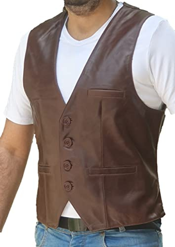 Overdrive Men's Sheep Genuine Leather Casual Western Vintage Biker Motorcycle Cruise Riding Vest Waistcoat Conceal Gun Pockets, Chocolate, Medium