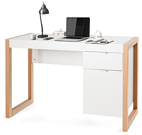 SFAREST Computer Desk, Wooden Laptop Study Table with Drawer & Storage Cabinet, Modern Writing Gaming PC Workstation for Home Office
