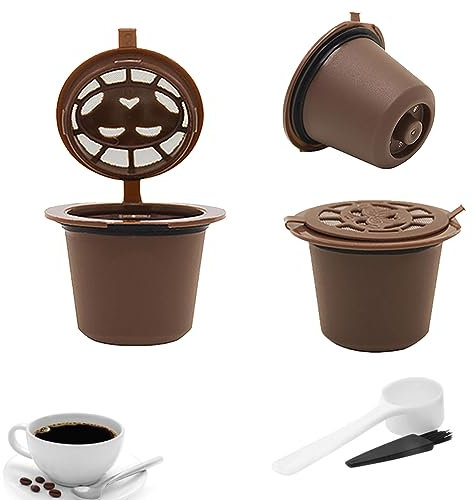 AMZLORD 3 Stück Kaffee kapsel Wiederverwendbarer for Ne-spresso Maschine - Nachfüllbare Kaffeekapseln - Kaffeefilter Kaffeepads mit Kaffeelöffel und Reinigungsbürste (Braun)