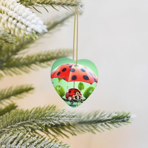 Weihnachtsbaum Keramik Ornamente Lustige Marienkäfer mit Regenschirmen Druck Herz Keramik Ornamente Lustige Weihnachtsdekorationen Porzellan Anhänger für Xmas Urlaub Party Dekorationen