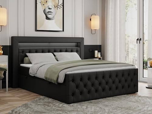 MKS MEBLE Boxspringbett 200x200 mit Led Schwarz Kunstleder, Bett Polsterbett 200x200 mit LED Kopfteil, Multipocket Matratze H3, Doppelbett mit Bettkasten Stauraumbett - Gold-9 - Schwarz Kunstleder