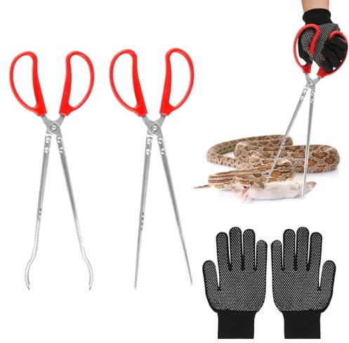 15 Inch Snake Feeding Tongs, 2 PCS Stainless Steel Reptile Tongs, Extra Long Large Tweezers for Bearded Dragon Ball Python Tank Accessories Terrarium Supplies With Gloves