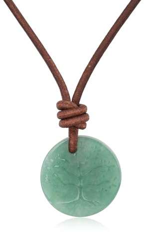 COAI Italienische Lederkette Braun mit Lebensbaum Anhänger Runde aus grüner Aventurin Edelsteinkette für Herren Damen