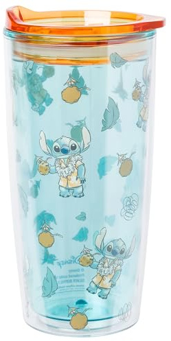 Silver Buffalo Stitch Hawaiian Shirt and Icons Tossed Pattern - Bicchiere da viaggio a doppia parete da 590 ml, con coperchio a chiusura scorrevole