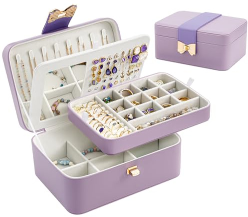 Lolalet 2 Layer Jewelry Box for Teen Girls & Young Women, Jewelry Organizer Case with Bow Clasp and Mirror for Earrings Rings Necklaces Storage, Gift Idea -Purple