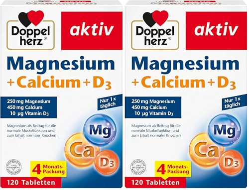 Doppelherz Magnesium + Calcium + D3 - Magnesium als Beitrag für die Muskelfunktion und zum Erhalt normalen Knochen - 120 Tabletten (Packung mit 2)