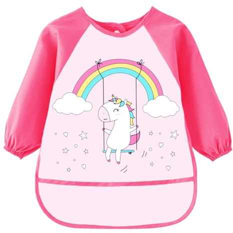Montrestar Delantal Infantil Impermeable 3-8 Años Niños y Niñas, Bata Pintura Infantil con 3 Bolsillos y Mangas Largas, Babis Escolares para Pintura, Artes, Escuela, Tema Unicornio-B