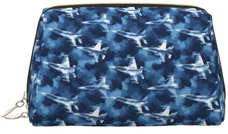 GVYGVY Bolsa de maquillaje de viaje grande, diseño de avión de camuflaje azul marino, 1 bolsa de cosméticos de piel de PVC con cremallera, portátil, resistente al agua, para el cuidado de la piel