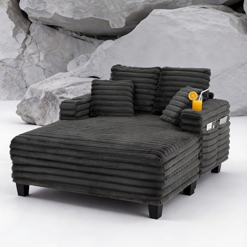 Ostarvis übergroßes Cord-Schlafsofa, 163cm Big Sofa mit stabilem Holzrahmen, Relaxliege mit 2 Getränkehaltern & 4 Taschen, gemütlicher Loungesessel für Wohnzimmer & Heimkino, Grau