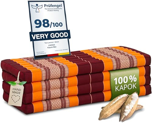 livasia Nachhaltige Klappmatratze aus Kapok - 200x110x8cm - breite Gästematratze, Faltbare Matratze, ökologische Yogamatte, klappbares Gästebett, Liege für Garten und Balkon (Orange)